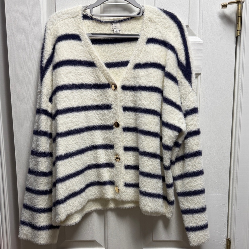 Fuzzy Striped Button-Front Cardigan Sweater - Ivory & Navy